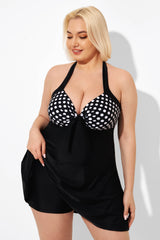 Fashion Black Dot Vintage Drawstring Closure Swimdress