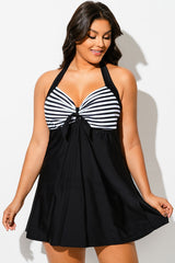 Black & White Stripe Halter Straps Women Swimdress