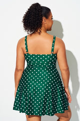 Green Polka Dot Crossover Flutter Hem Swimdress