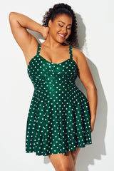 Green Polka Dot Crossover Flutter Hem Swimdress