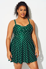 Green Polka Dot Crossover Flutter Hem Swimdress