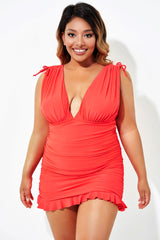 Solid Red Ruffle Adjustable Ruched Swimdress