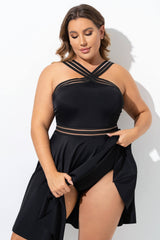 Graceful Black Mesh Panel Women Swimdress