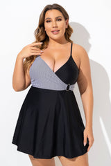Black and White V-Neck Striped Wrap Swimdress
