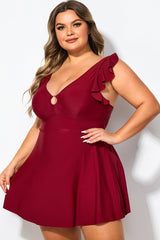 Red V-neckline Frilled Cap Sleeves Swimdress