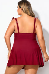 Red V-neckline Frilled Cap Sleeves Swimdress