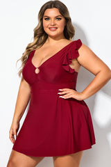 Red V-neckline Frilled Cap Sleeves Swimdress
