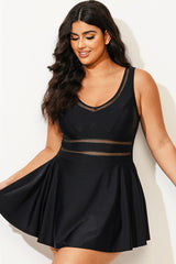 Black V-neck Wide Strap Crochet Detail Swimdress