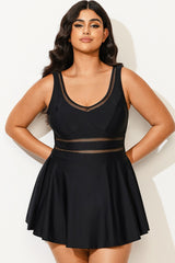 Black V-neck Wide Strap Crochet Detail Swimdress