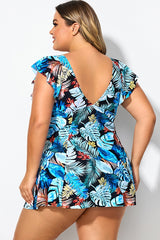 Leaf Print V-neckline Angel Sleeve Swimdress