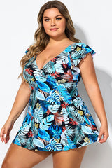 Leaf Print V-neckline Angel Sleeve Swimdress