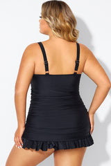 Black V-neck Tummy Control Ruched Swimdress