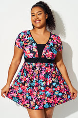 Multi Floral Print Short Sleeve Swimdress