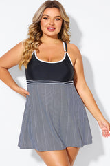 Black & White Criss Cross Striped Double Strap Swimdress