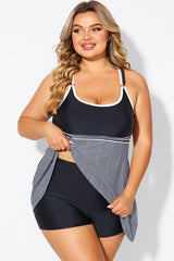 Black & White Criss Cross Striped Double Strap Swimdress