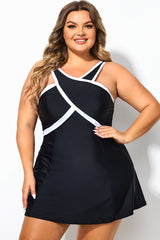 Plus Size Black＆White Color Block High Neck Swimdress
