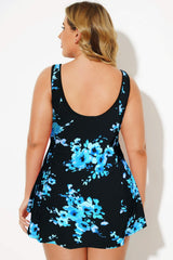 Blue Floral Print Square Neck Tank Swimdress