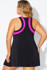 Plus Size Black Colorblock High Neck Racerback Swimdress