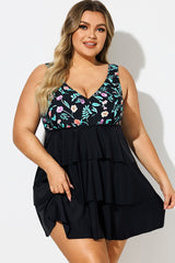 Plus Size Floral Print V-Neck Layered Swimdress