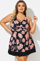 Plus Size Floral Print V-Neck Crisscross Back Swimdress