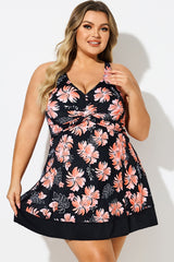 Plus Size Floral Print V-Neck Crisscross Back Swimdress