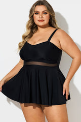 Plus Size Black Contrast Mesh Sweetheart Neck Swimdress