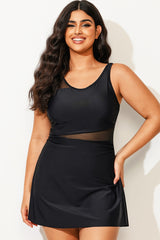 Plus Size V-Neck Black Mesh Panel Swimdress