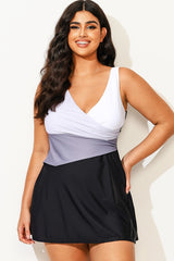 Plus Size Black & White V-Neck Colorblock Fit Swimdress