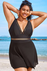 Plus Size Black Lattice Plunge Mesh Swimdress