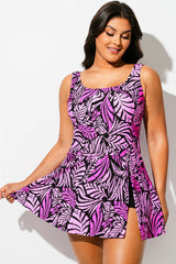 Bright Fuchsia Leaf Square Neck Side Slit Swimdress