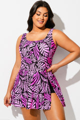 Bright Fuchsia Leaf Square Neck Side Slit Swimdress