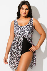 Leopard Print Stretch Mesh Round Neck Swimdress
