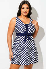 Blue & White Square Neck Polka Dot Swimdress