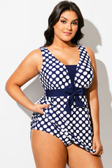 Blue & White Square Neck Polka Dot Swimdress
