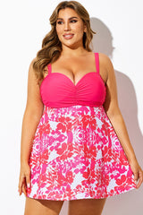 Plus Size Pink Floral Print V-Neck Swimdress
