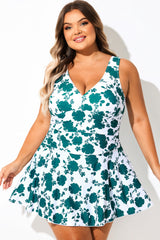 Plus Size Green Rose Print V-Neck Swimdress