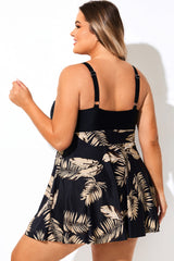 V Neck Black Floral Print Patchwork Swimdress