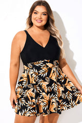 V Neck Black Plant Print Patchwork Swimdress