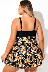 V Neck Black Plant Print Patchwork Swimdress