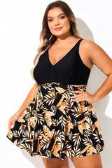 V Neck Black Plant Print Patchwork Swimdress