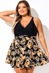 V Neck Black Plant Print Patchwork Swimdress
