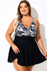 Black & White Floral Print V-Neck Patchwork Swimdress