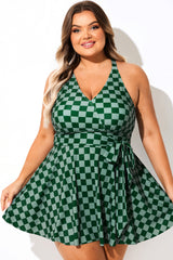 Overlap Collar Green Check Tie Knot Swimdress