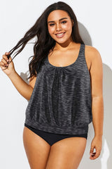 Black Striped Racerback Tummy Control Blouson Tankini Top