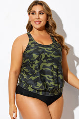 Green Camo Racerback Tummy Control Blouson Tankini Top
