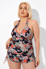 Floral Print V-Neck Halter Tankini Top