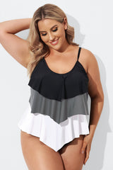 Plus Size Colorblock V-Neck Ruffle Women Tankini Top