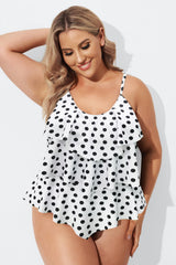 Plus Size Polka Dot V-Neck Ruffle Tankini Top