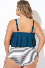 Blue Scoopneck Ruched Flounce Blouson Tankini Top