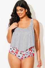 Striped Scoop Neck Ruched Flounce Blouson Tankini Top